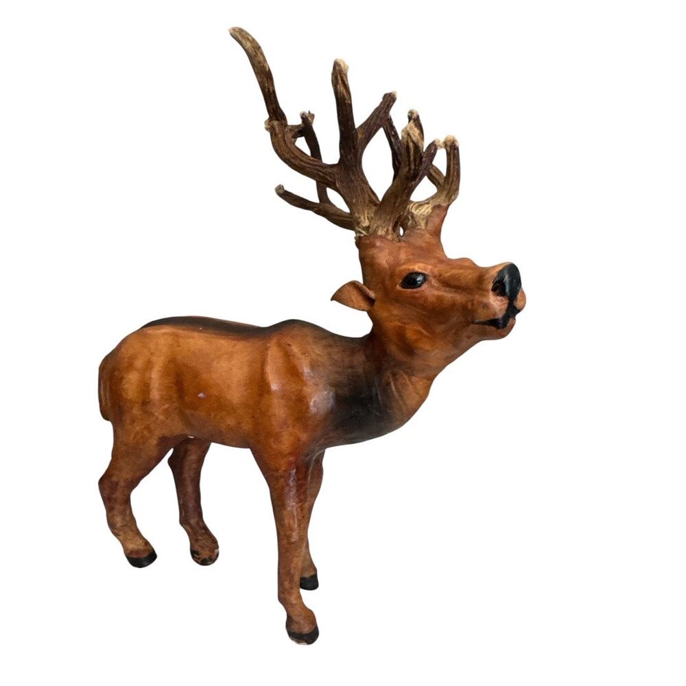 Vintage Leather Covered Deer Buck Figurine with 12-Point Rack Antlers